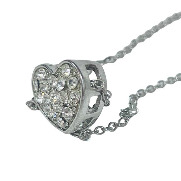Diamond Heart Pendant Necklace Silver Tone Rhinestones Cluster 8" - Picture 4 of 7